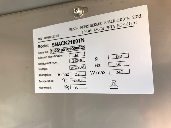 Meson Refrigerado Acero Inox. / Snack 2100 TN / con 2 Puertas / Usado / 3707 #8